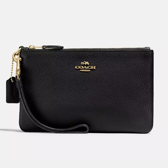 NWT COACH Polished Black Genuine Pebble Leather Wristlet Gold Hardware New!! - Picture 1 of 3